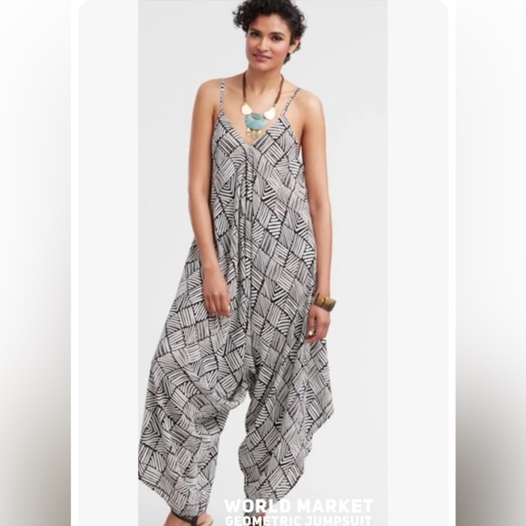 Cost Plus World Market Pants - WORLD MARKET Boho Wide Leg Harem Black White Geometric Jumpsuit Small Medium
